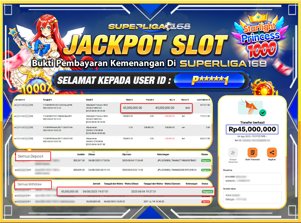 SUPERLIGA168 JACKPOT STARLIGT PRINCESS 1000 Rp.45,000,000-LUNASS