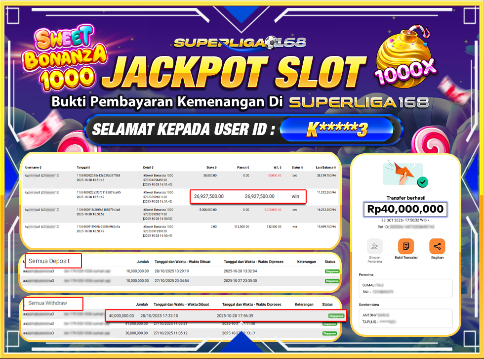 SUPERLIGA168 JACKPOT SWEET BONANZA 1000 Rp.40,000,000-LUNASS